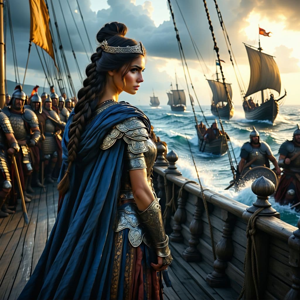 AI generated: Prompt: A powerful and determined Queen Teuta of Illyria stands at the prow of her warship, sailing ...