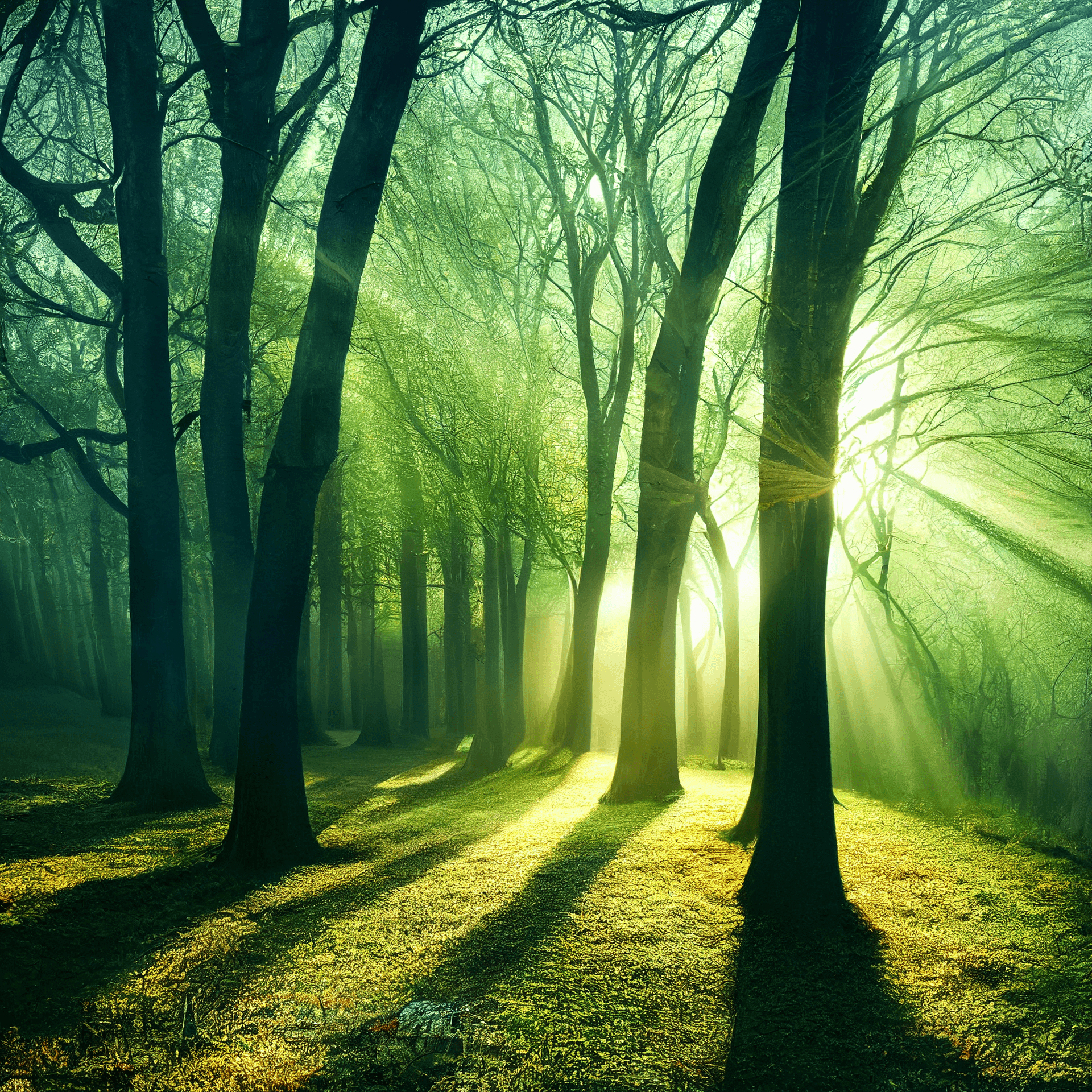 AI generated: A picture of green forest taken with sony a7m4 shows the Tyndall effect in the sun, sunny days, warm...