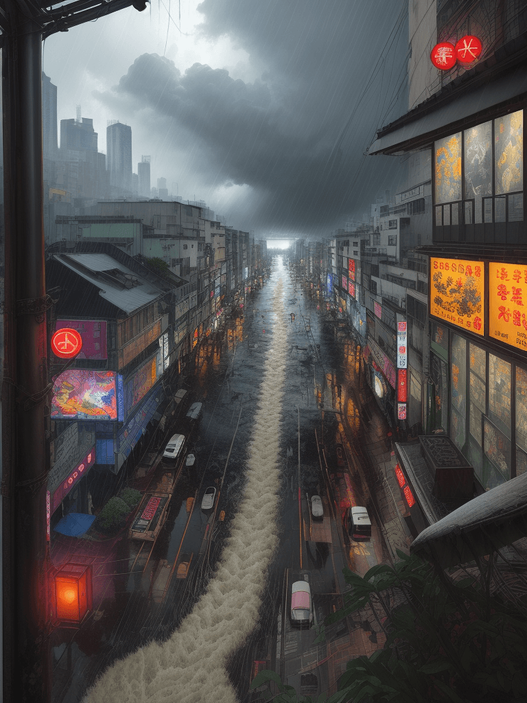 AI generated: A heavy storm and flooding of a taiwan corner,iconic album covers,
rain,typhon,
litter,intricate det...