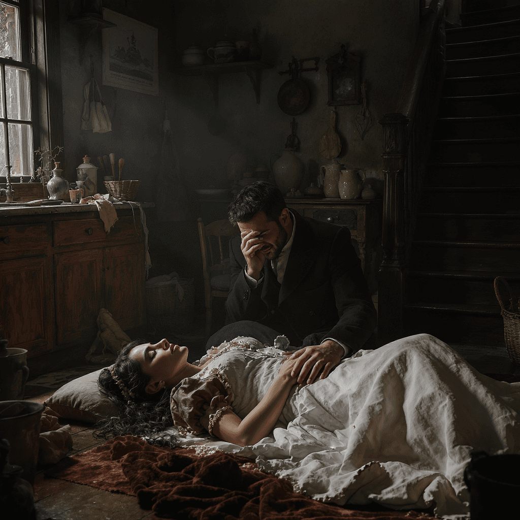 AI generated: Make a dramatic scene of a cold wintry day in 1897 of a kitchen near a staircase a handsome, clean c...
