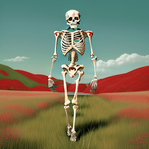 AI generated: high resolution image of a human skeleton walking in a meadow, 90s anime style red colors