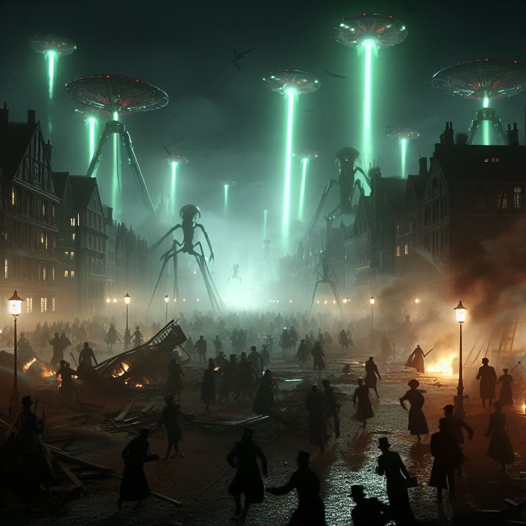 AI generated: H.g.wells, War of the Worlds in Victorian London, various detailed scenes of an alien attack, epic, ...