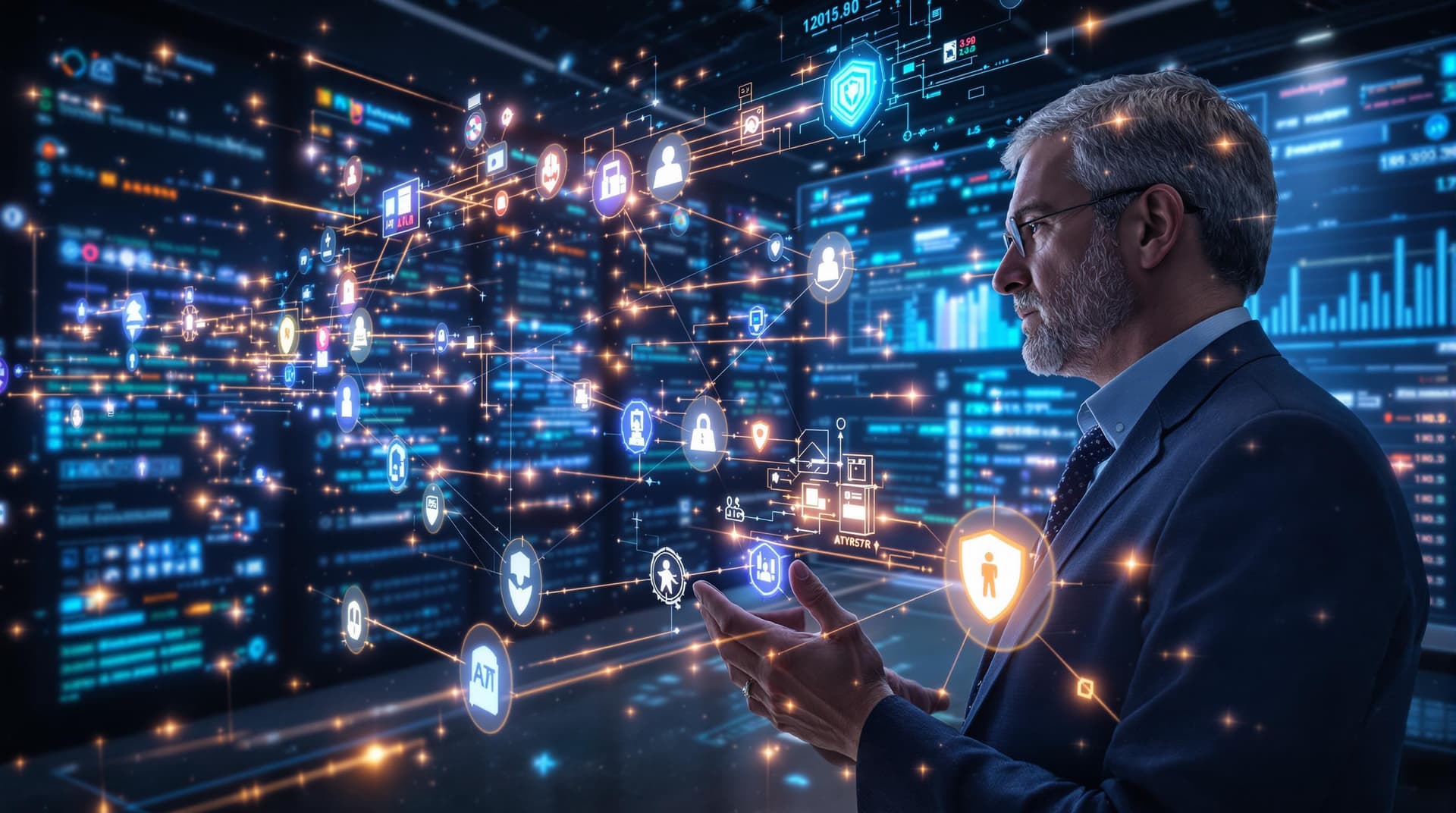 AI generated: /imagine prompt: Corporate IT transformation scene, 40-year-old CIO overseeing data migration to clo...
