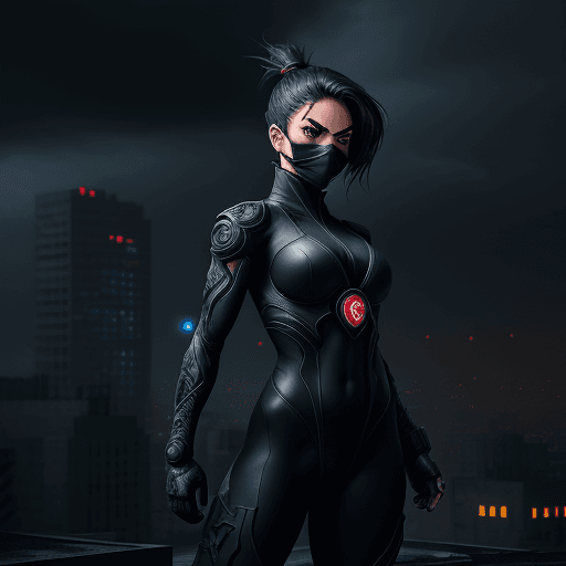 AI generated: Digital artwork, concept art, a female ninja with MEHDI Hero logo on her chest, standing on rooftop ...