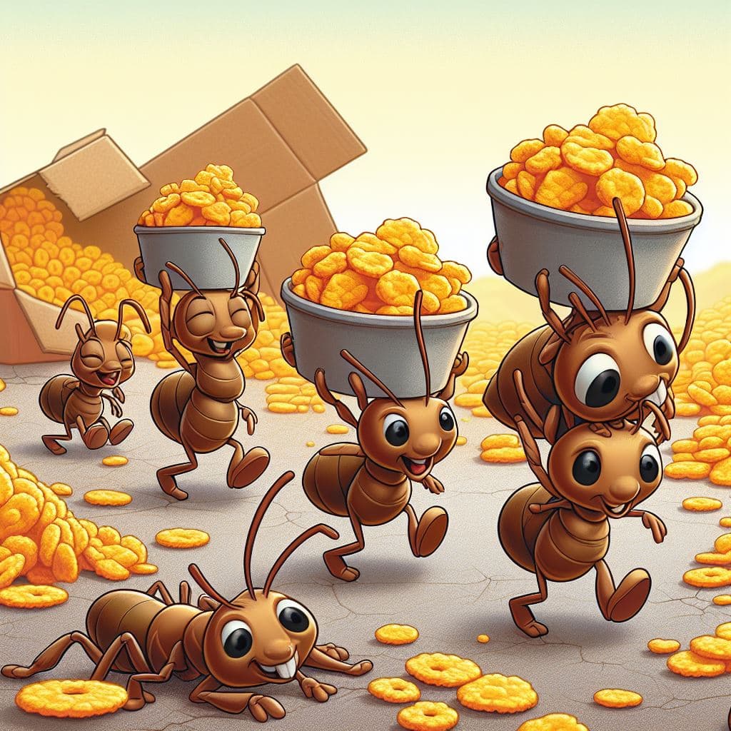 AI generated: marching Leafcutter Ants carry away cornflakes on their backs like leaves. The ants are anthropomorp...
