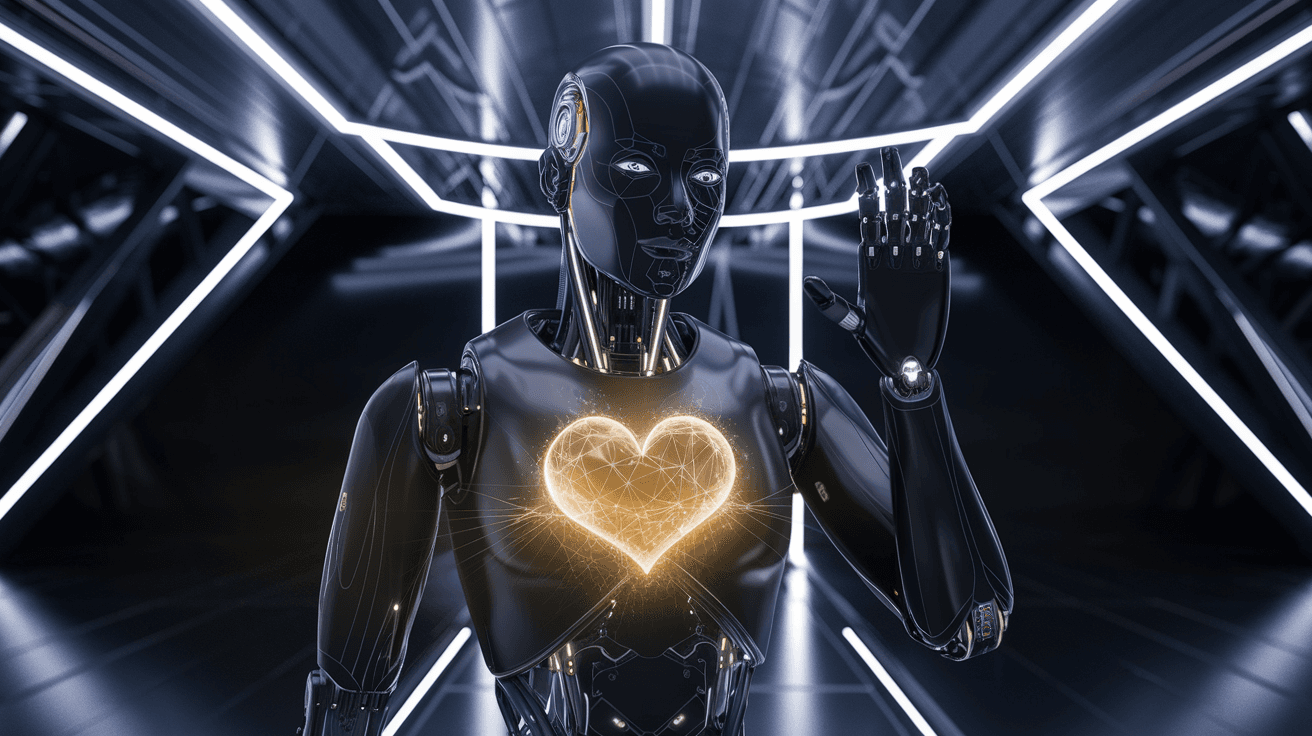 AI generated: A futuristic humanoid robot stands in a sleek, neon-lit environment, its glossy black surface glimme...