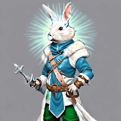 AI generated: male d&d harengon, male dnd rabbitfolk :: white fur with light blue tipped ears, bright, swashbuckle...