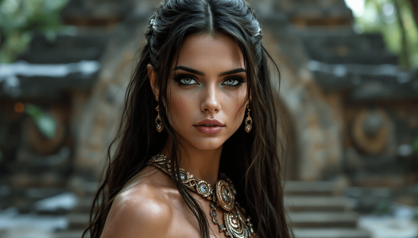 AI generated: a professional photo of the most female in the world, a young adult, Sarah Michelle Gellar Aztec pri...