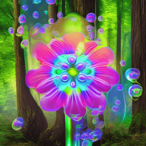 AI generated: psychedelic flower with lightful bubble bloom, standing in forest clearing, digital art