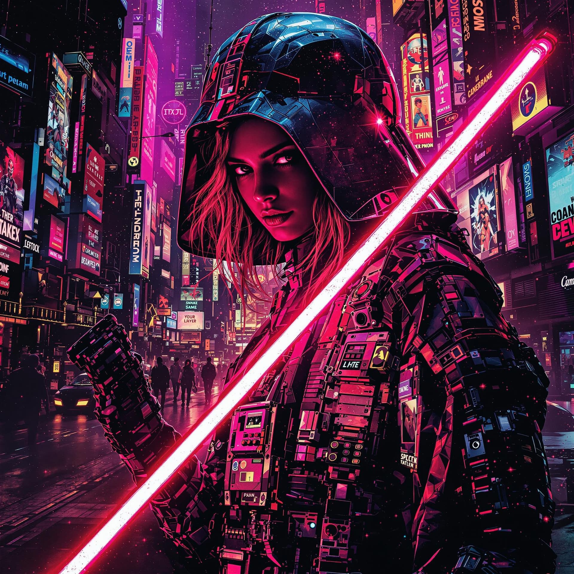 AI generated: legandary star wars movie poster in the style of cyberpunk, featurin hot leah