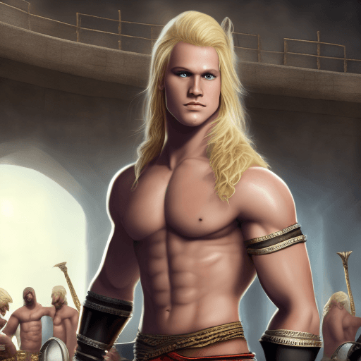 AI generated: hyperralistic picture of a young and very beautiful blonde muscular gladiator in loincloth standing ...