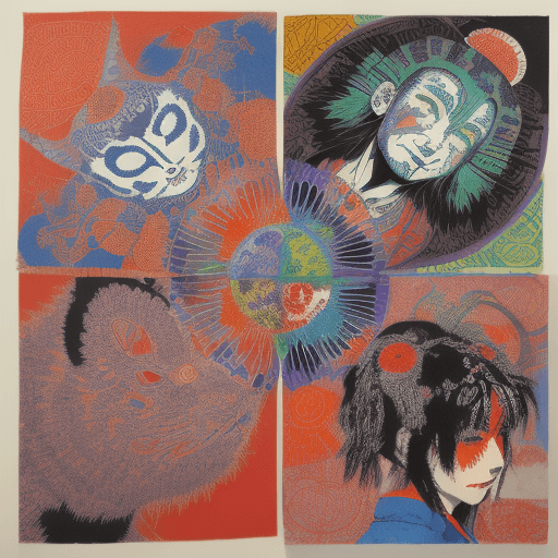 AI generated: •	Robert Rauschenberg Yoshitaka Amano monotype Lithography minimalistic Kimaira Baku Yumemakura colo...