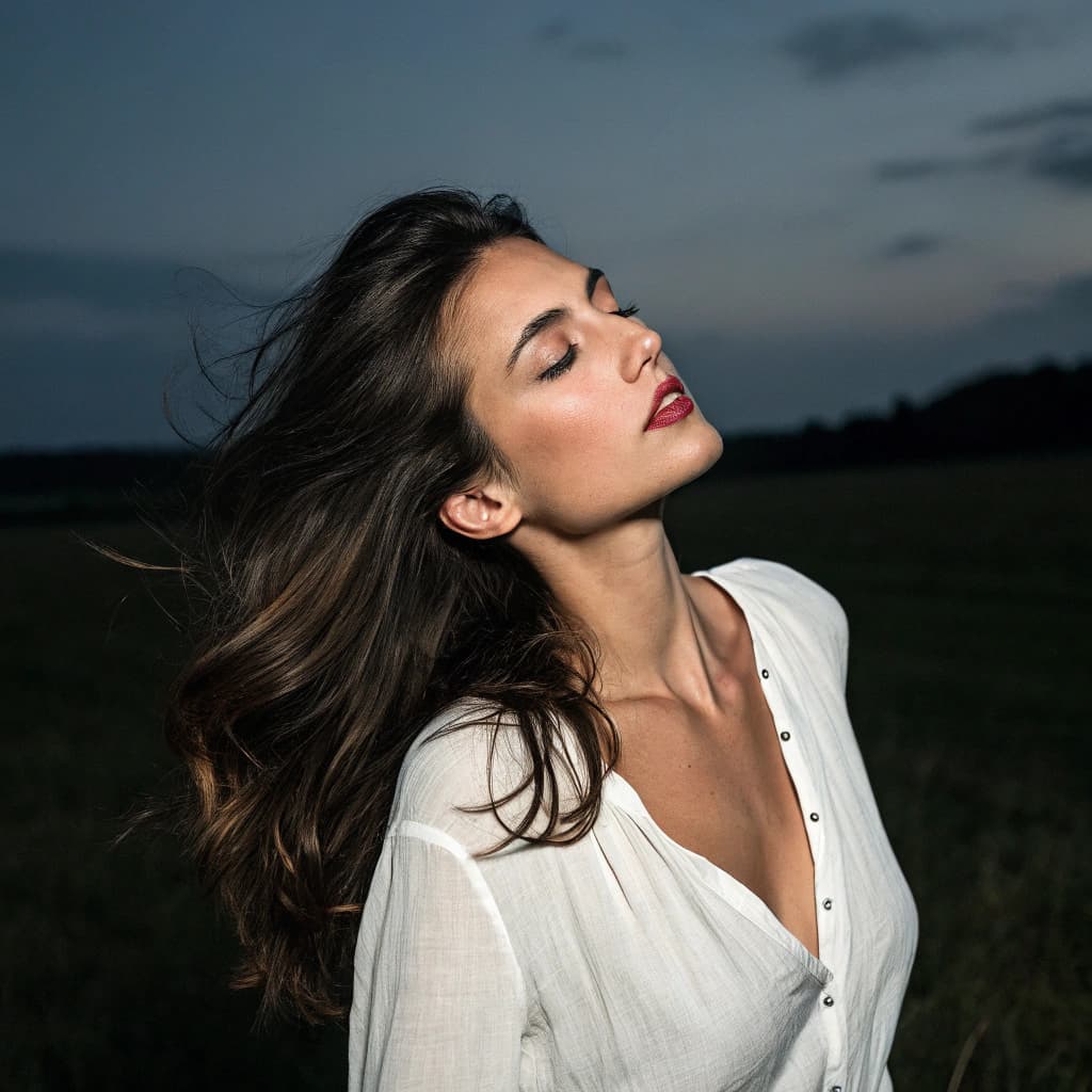 AI generated: photograph of a 29 year old sensual woman head turned to the side and slightly tilted up with her ey...