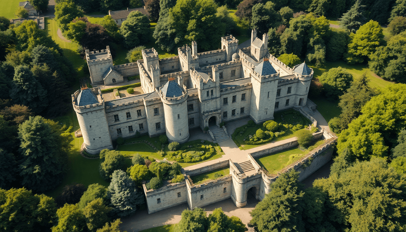 AI generated: A dramatic, ultrarealistic photo  of external arial viewof  18000 bc burkingham palce style castle s...