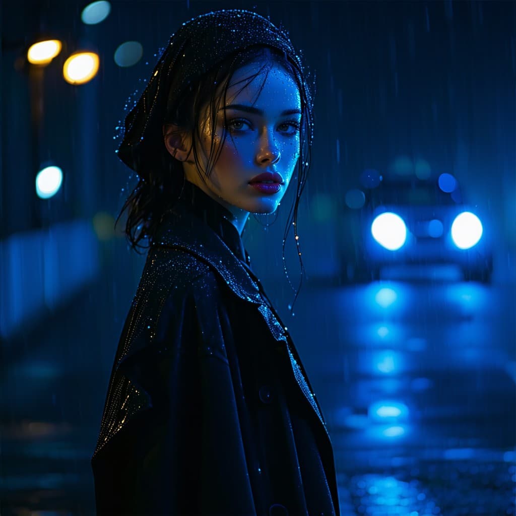 AI generated: A cinematic high-fashion portrait of a woman standing alone under the soft, moody glow of midnight c...