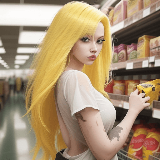 AI generated: photo of a sweet and attractive woman with yellow hair inside filthy grocery store, posted on snapch...
