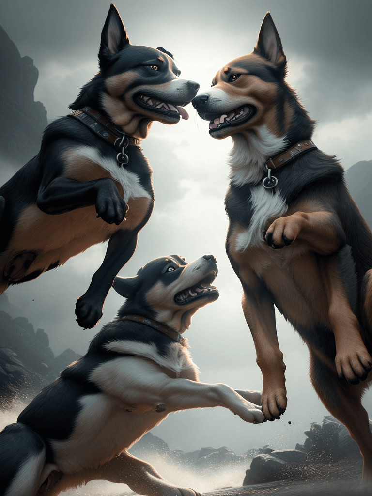 AI generated: Photo of a ultra realistic two dogs fighting, dramatic light, cinematic lighting, battered, low angl...
