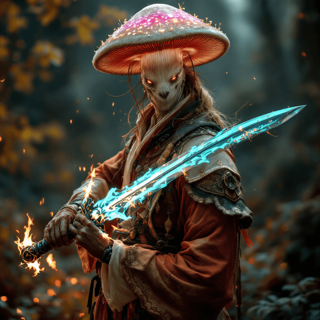 AI generated: a full body photo shot of a beautiful and breathtaking image of a ((mushroom)) warrior wearing a ful...