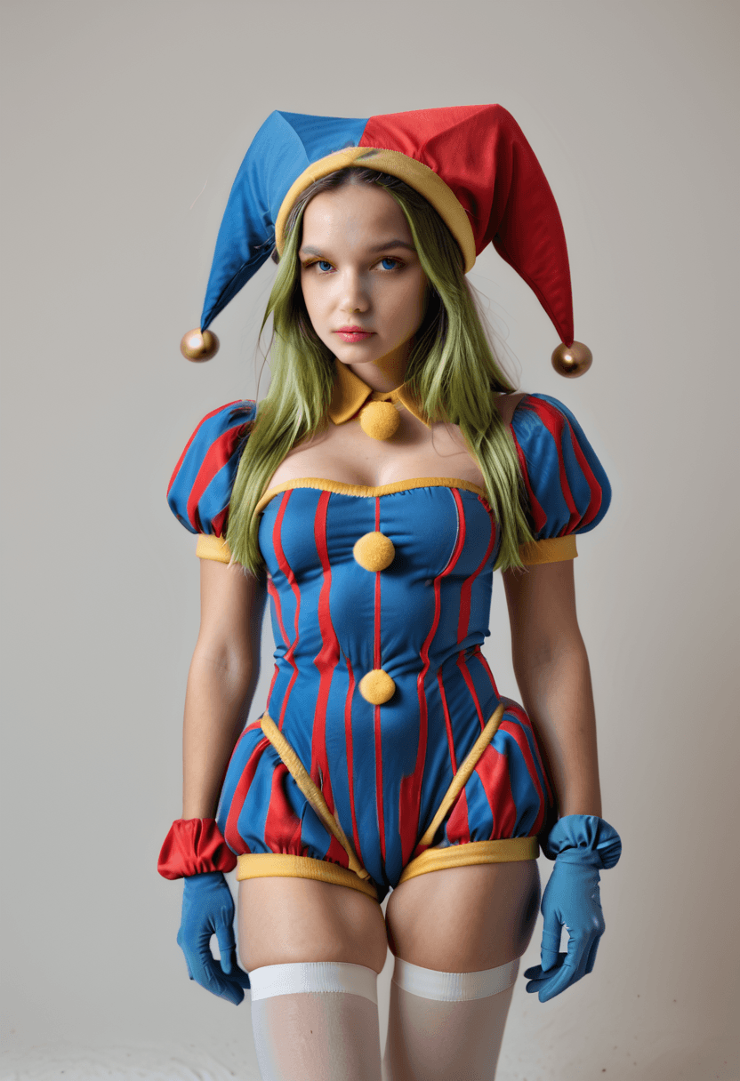 AI generated: <lora:Coll-PomniXL-Pony:1> 1girl, blue eyes, blue gloves, breasts, coll-pomni, gloves, hat, jester c...