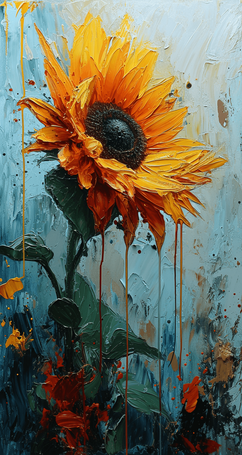 AI generated: a psychedelic surrealist painting of a sunflower, surreal, dripping, melting, Salvador Dali, Pablo P...