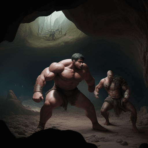 AI generated: giant men fighting in a cave, muscles, zach king, legendary champions, apocalyptic, anatomy masters,...