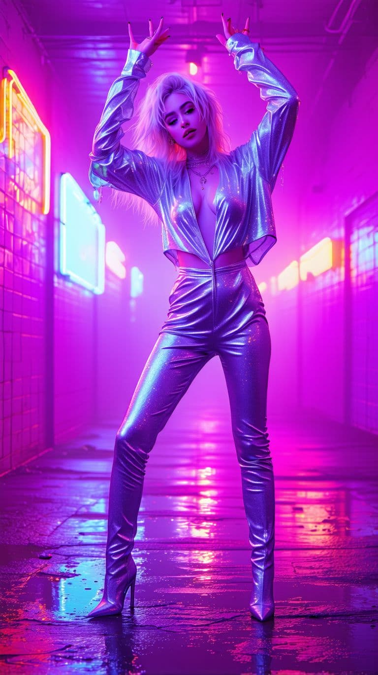 AI generated: A vibrant, high-contrast portrait of Miley Cyrus, a Caucasian woman in her early 30s, standing confi...