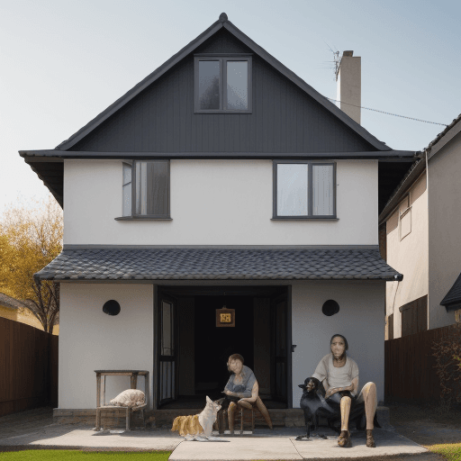 AI generated: house with person in front with a dog and a cat next to them