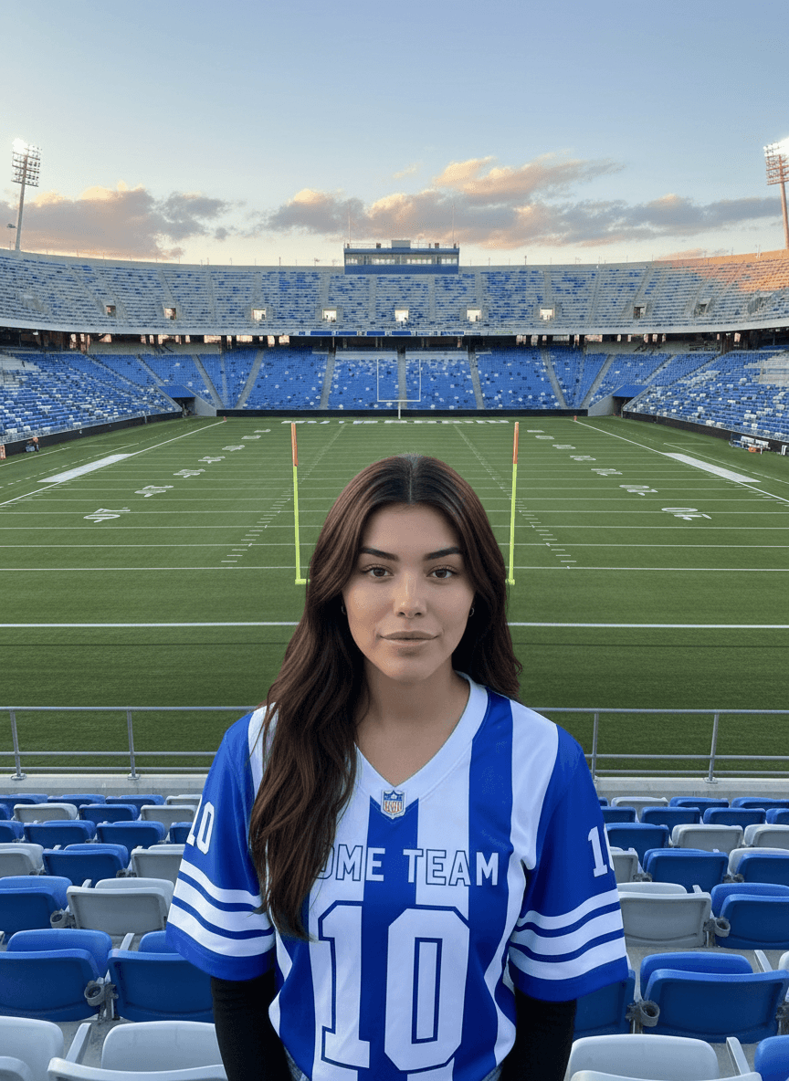 AI generated: change the scenario, put her in the crowd with a football team shirt on a empty stadium