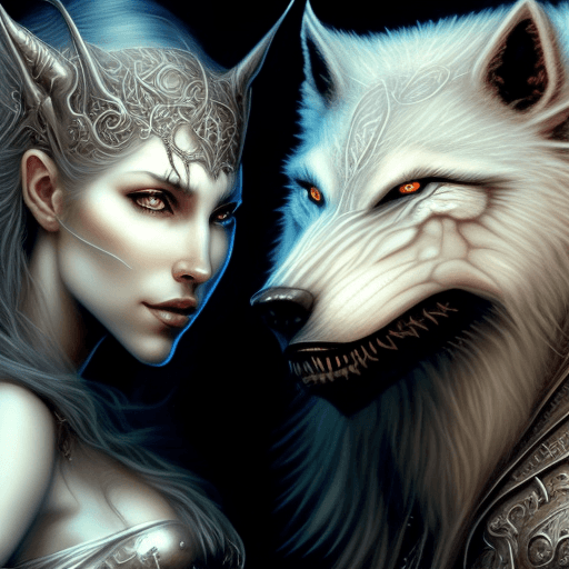 AI generated: A stunningly intricate close up portrait of a couple with a white werewolf, (((luis royo and julie b...