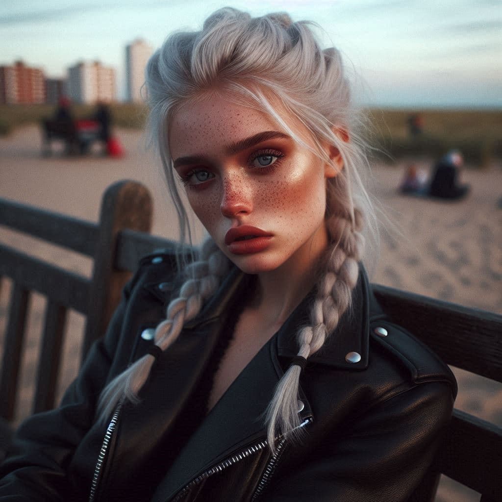 AI generated: hyper realistic photograph, leather jacket, braided white hair, sad eyes, model pose, freckles, full...