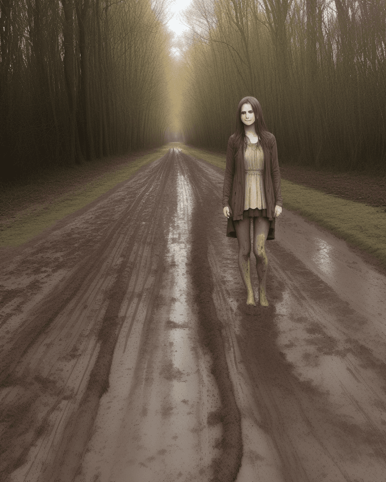 AI generated: ((no shoes), ((muddy skin), fit brunette standing on a road, (muddy face, muddy hair), (long muddy d...