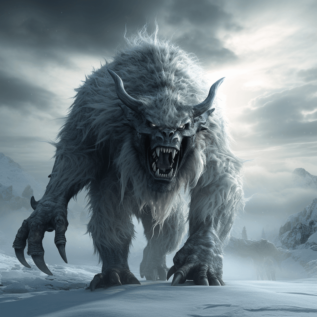 AI generated: an enormous snow monster is standing on the ice, in the style of epic fantasy scenes, manticore, exp...