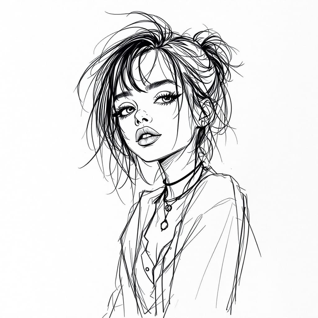 AI generated: sketch, minimalist line art drawing of a punk girl, sketched in continuous black lines against a pla...