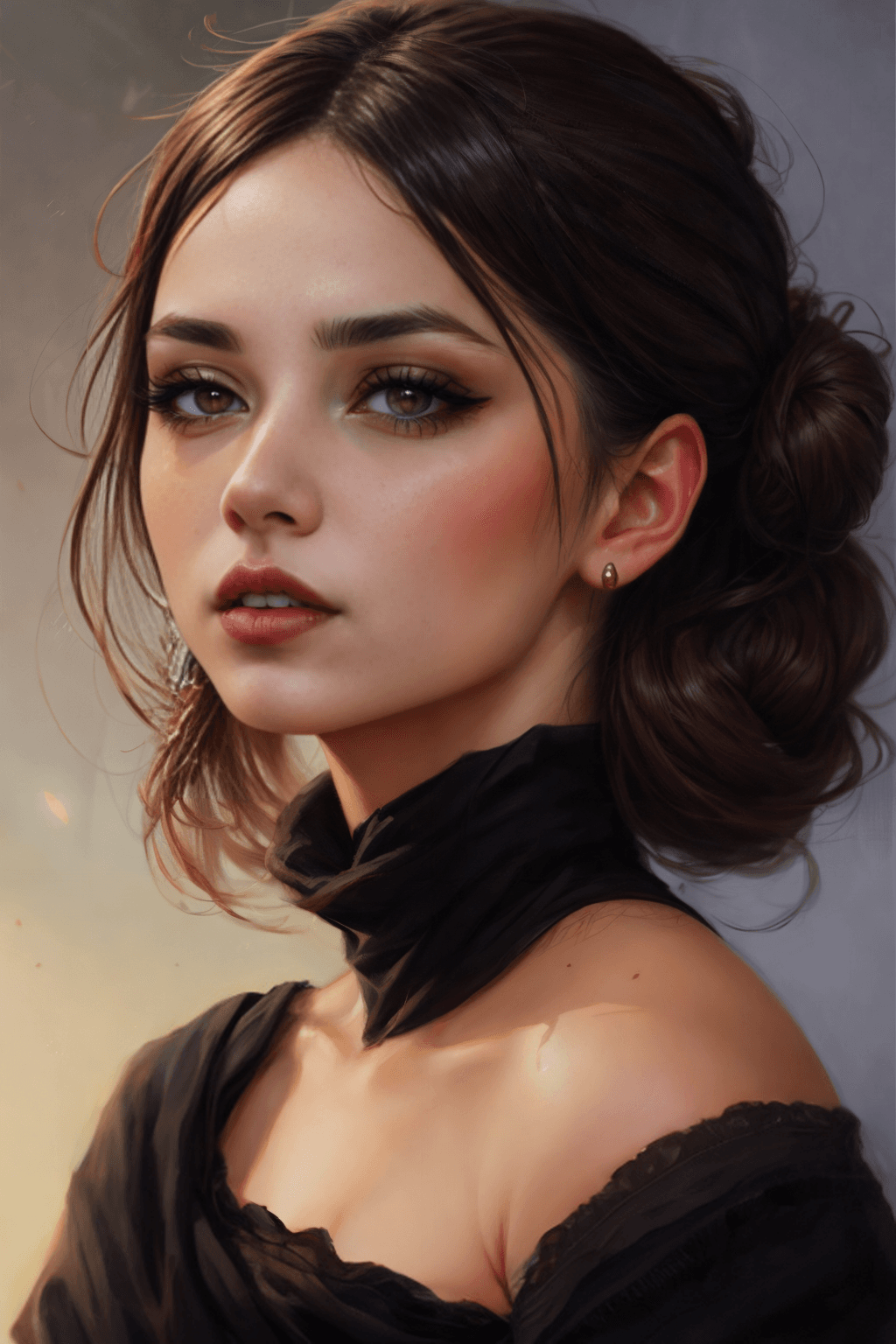 AI generated: portrait of a beautiful girl, black hair, bun hair style, dark lipstick, (style of Zdzislaw Beksinsk...