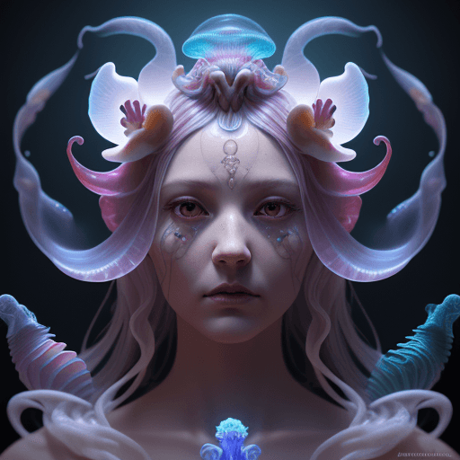 AI generated: Goddess close-up portrait ribcagel. jellyfish phoenix head, nautilus, orchid, skull, betta fish, bio...