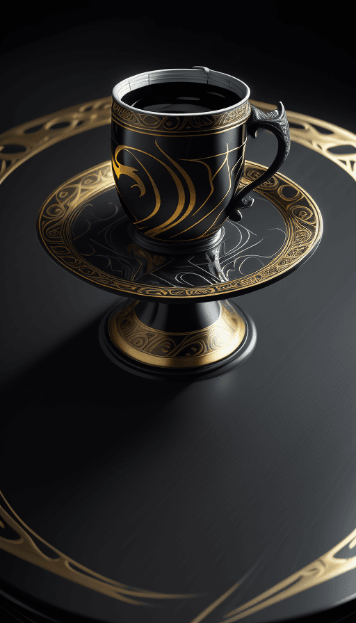 AI generated: Cup on the table with the design and character of venom The Cup is gold and black dark, no watermark...