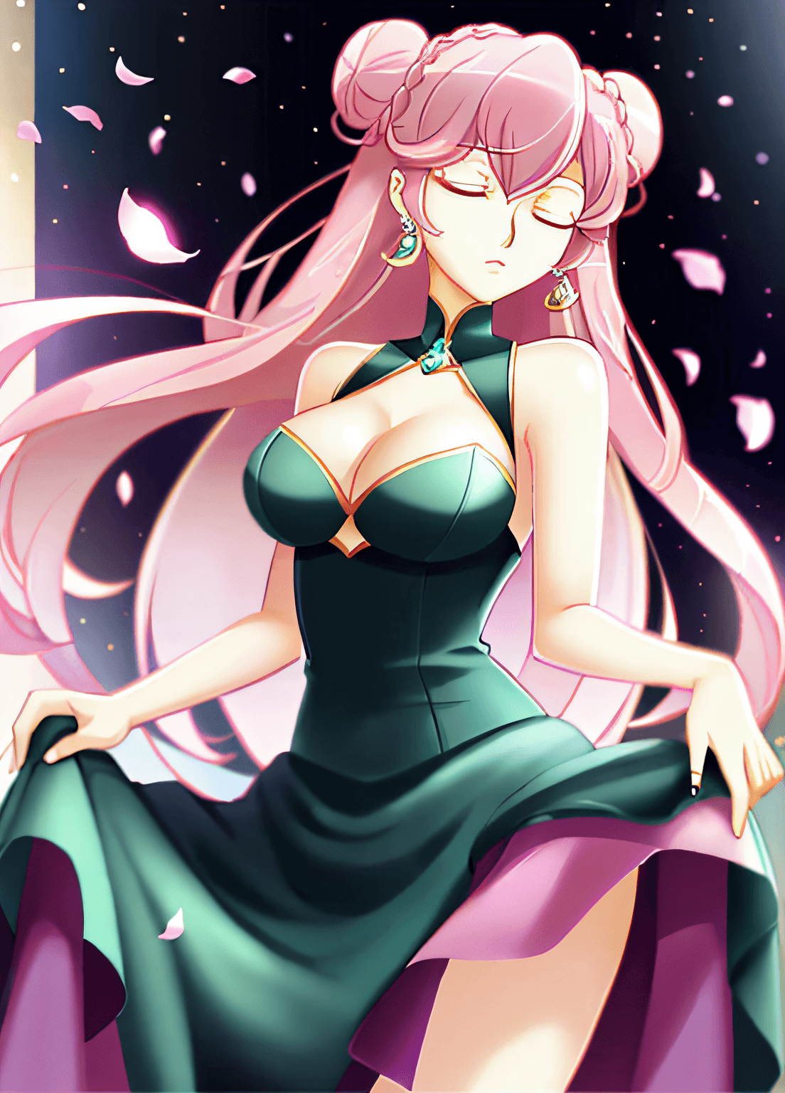 AI generated: codeGeass euphemia li britannia, 1girl, ^ ^, ^o^, breasts, cleavage, closed eyes, double bun, dress,...