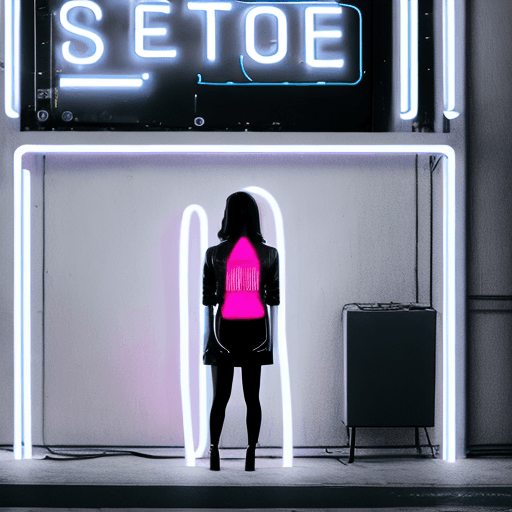 AI generated: a woman standing in front of a neon sign, in the style of hyper-realistic sci-fi, steelpunk, candid ...