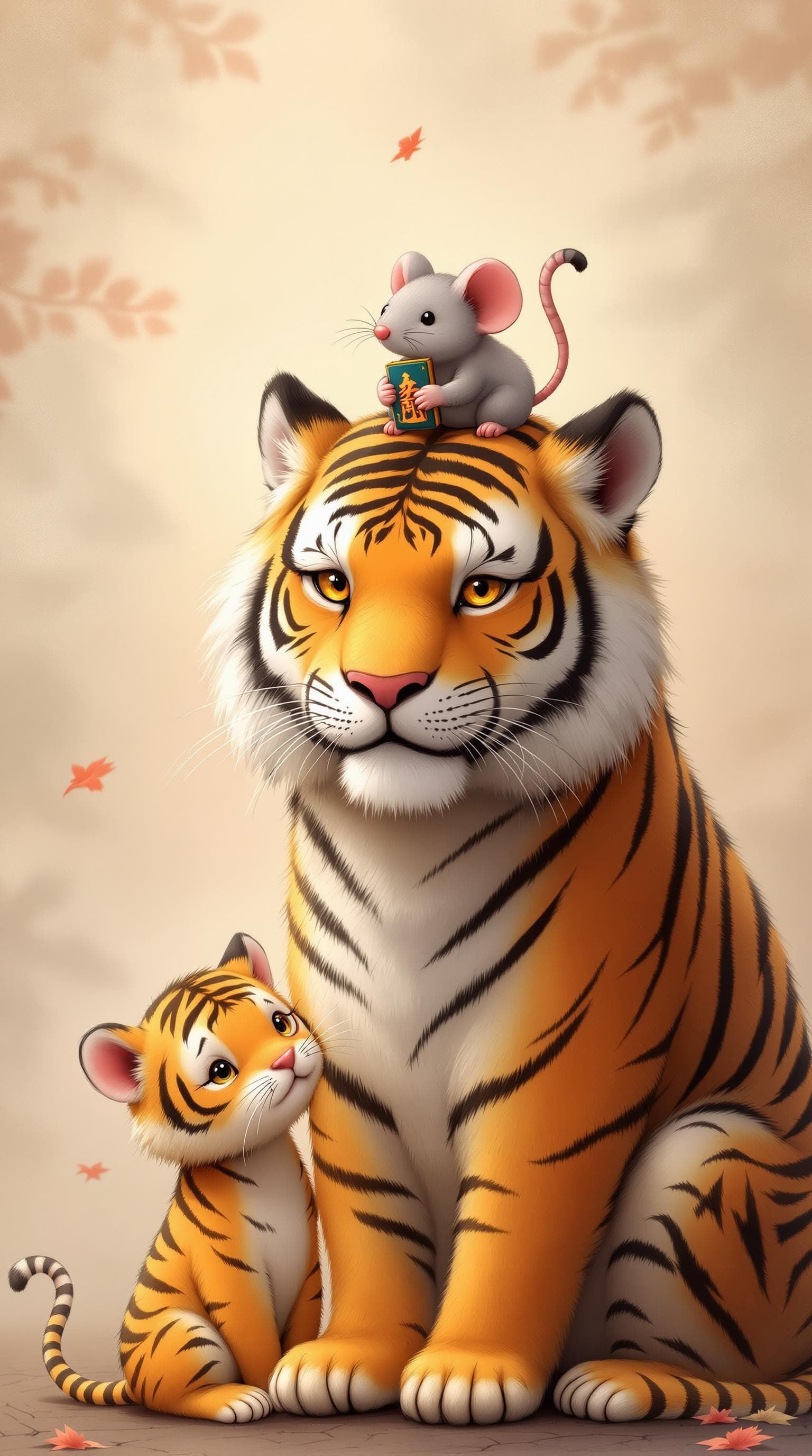 AI generated: kawaii art,a tiger and two tiger cubs, and a oversized mouse ,with a mouse on the tiger's head, the ...