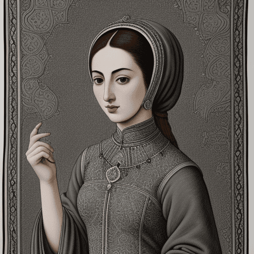 AI generated: monochromatic depth, Similar to the Safavid period a woman with detail on a dresswarmly color