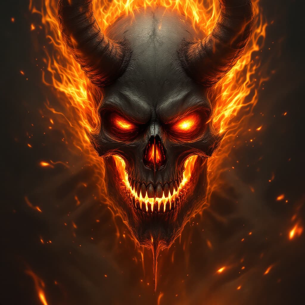 AI generated: a burning demon, skeleton face, brutal composition, gloomy, emotionally profound, horror, intense an...