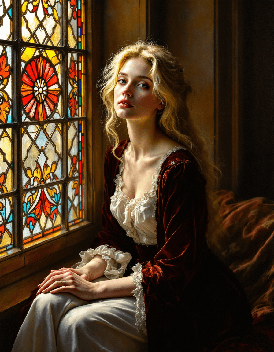AI generated: A masterpiece oil painting of a beautiful blonde woman seated gracefully beside an ornate stained gl...