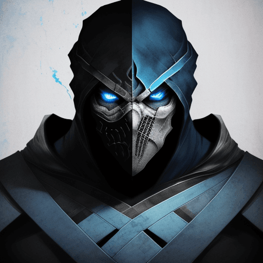 AI generated: Sub Zero from Mortal Kombat, skull face, cold white dull lifeless blue eyes, very scary character, c...