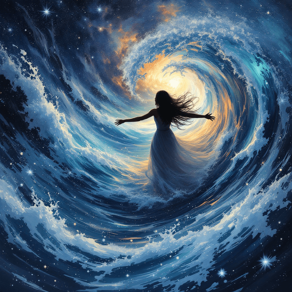 AI generated: A woman's presence creates a wave of emotional energy that ripples through and across a grand, sweep...