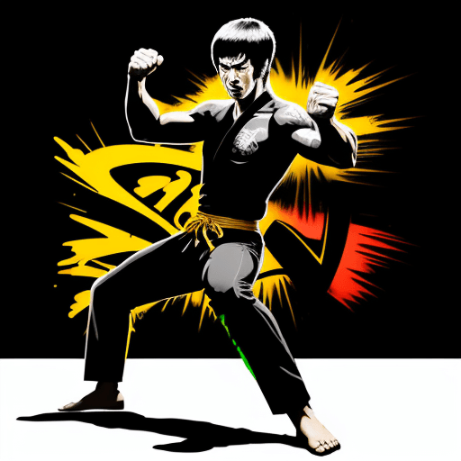 AI generated: Bruce Lee in a dynamic martial arts pose, Street art style, Energetic and Powerful mood, Graffiti sp...
