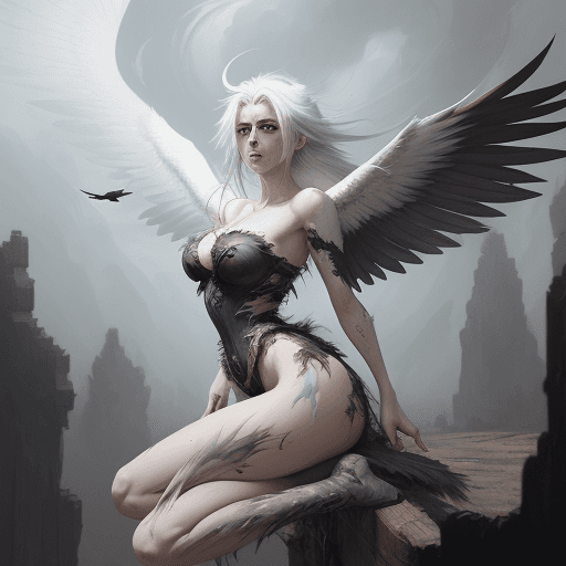 AI generated: A fantasy Anime style painting of woman with vulture wings art character with white messy hair, grim...