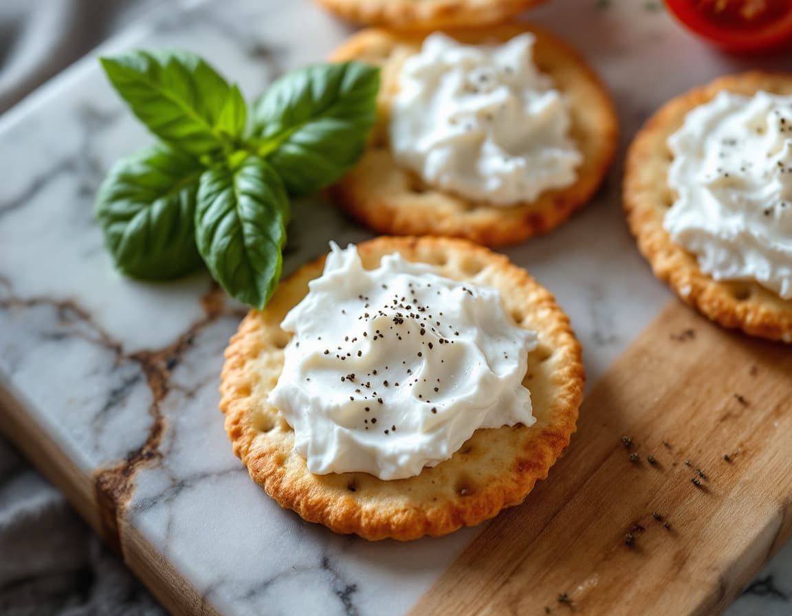 AI generated: An ultra-realistic photo of a few round crackers with white dips on top. Decorated with a basil leav...