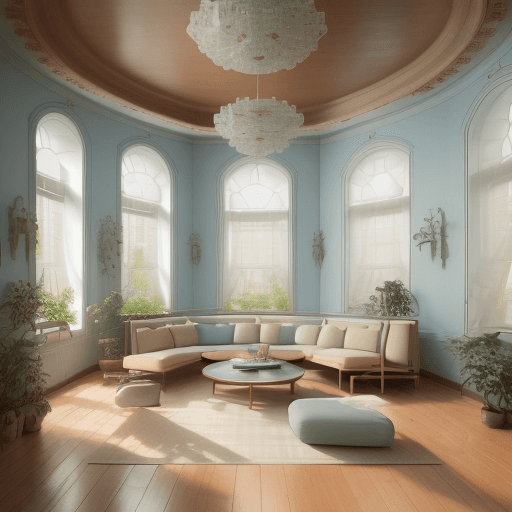 AI generated: High resolution photography interior design, dreamy sunken living room conversation pit, wooden floo...