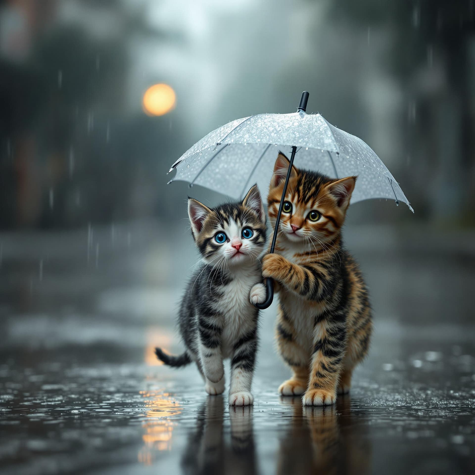 AI generated: A small, black-and-white spotted kitten walks alone in the rain, its fragile body drenched as water ...