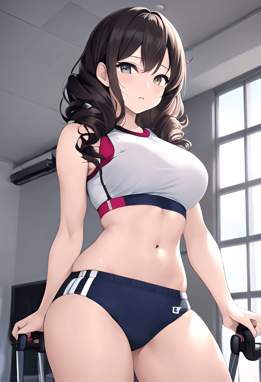 AI generated: An anime girl exercising in the gym, weights, putting on muscle, sportswear, work outfit, listening ...